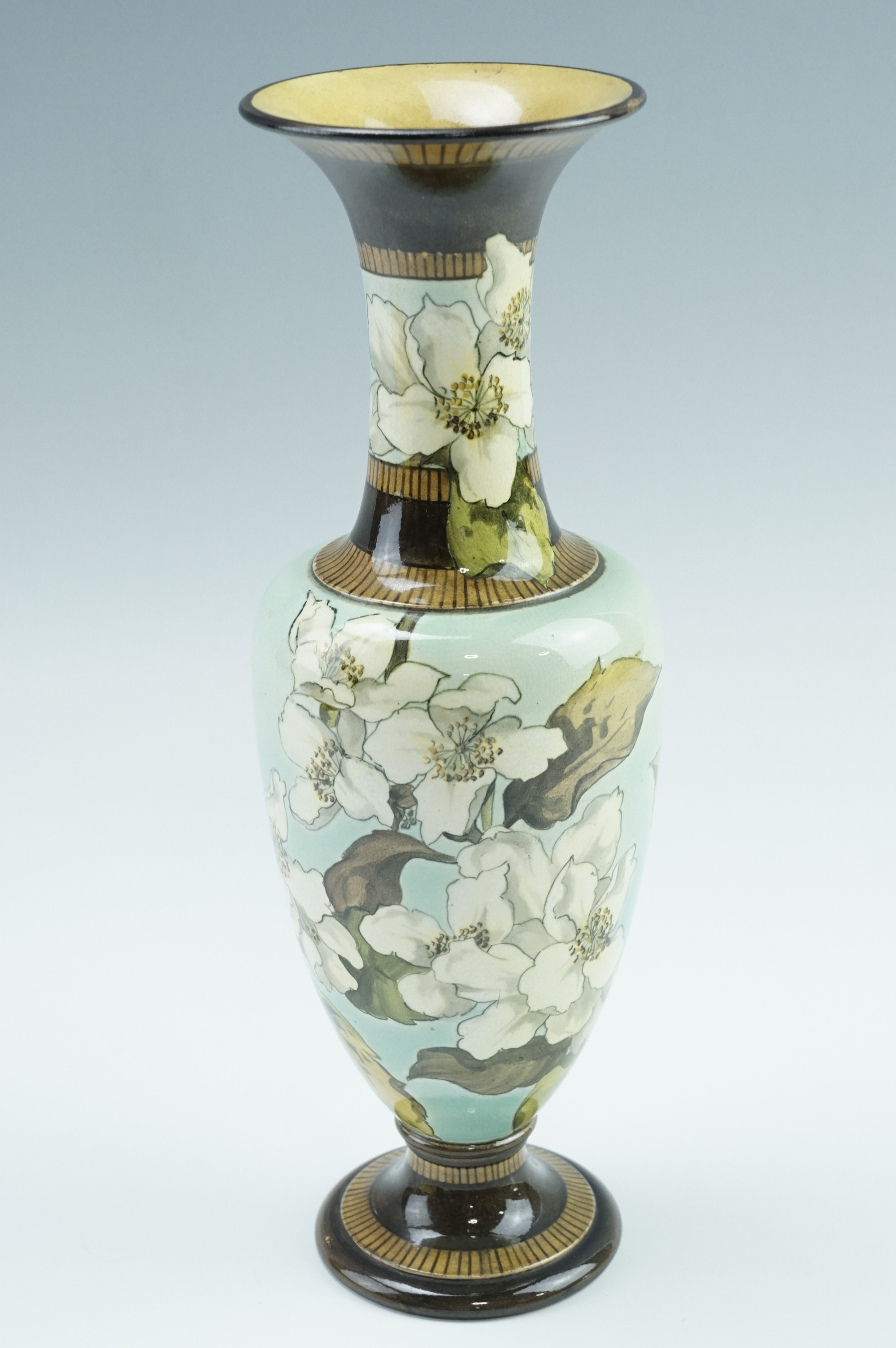 A late 19th Century Doulton Lambeth Faience vase, of slender urn form having an elongated neck and - Image 2 of 3