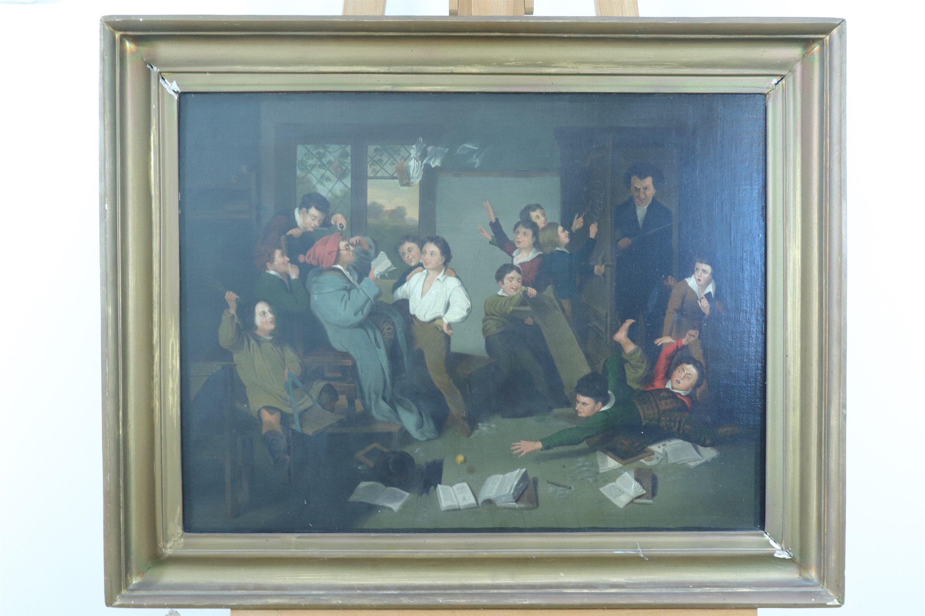 A humorous 19th Century painting of rowdy children in a classroom, oblivious to the imminent - Image 2 of 2