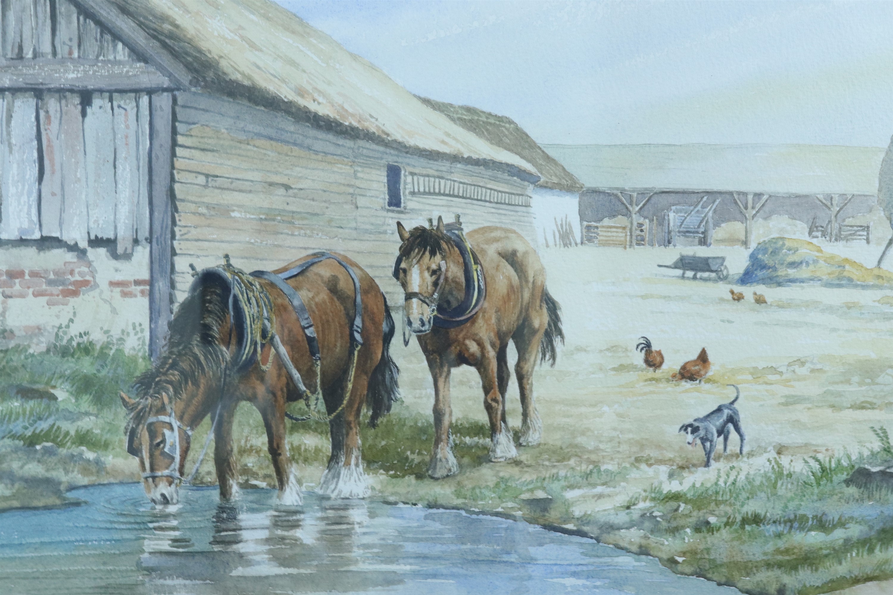 Max A S Hamblen (20th Century) A pair of watercolour farmyard scenes depicting working horses,