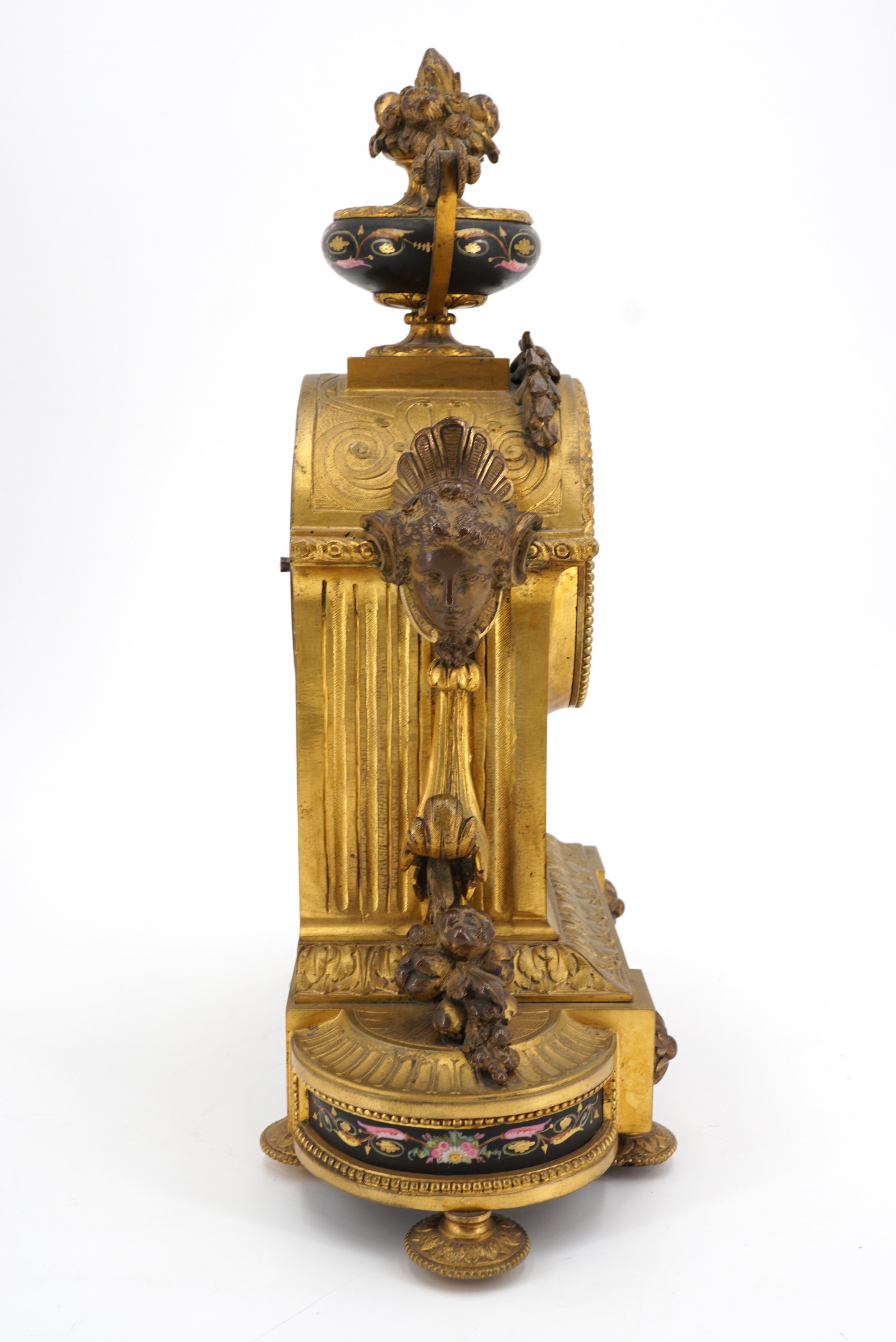 A 19th Century French gilt brass and enamel mantle clock, having a drum movement striking on a bell, - Image 4 of 4