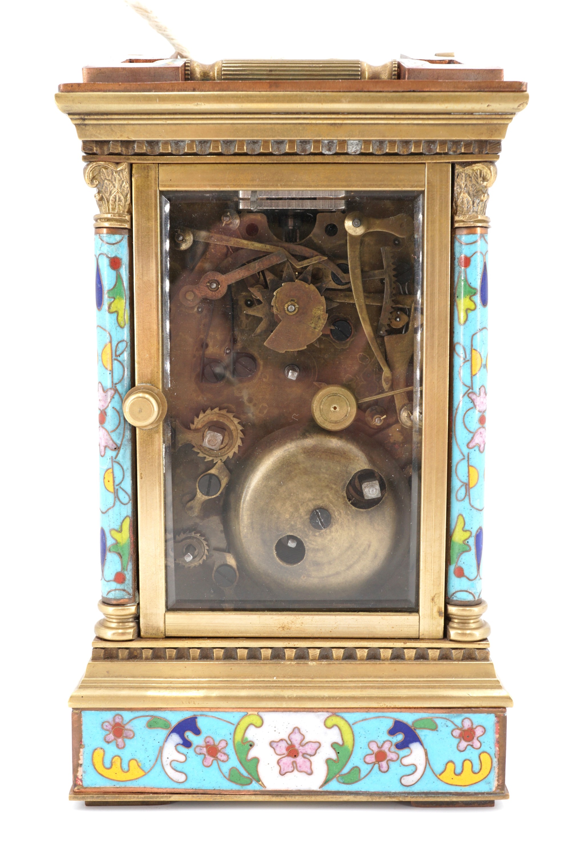 A early 20th Century French brass and enamel repeating carriage alarm clock, the key wind and set - Image 3 of 4
