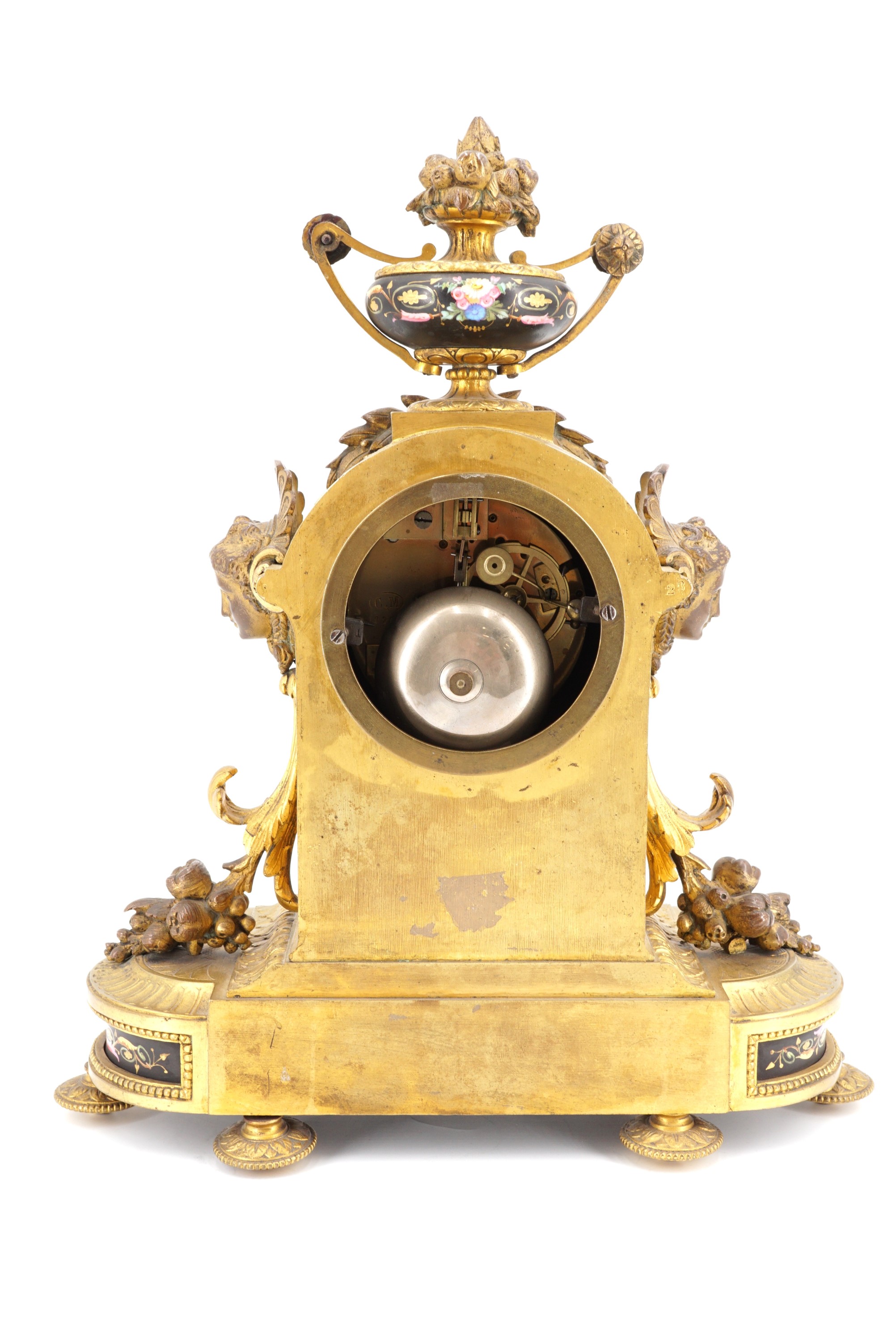 A 19th Century French gilt brass and enamel mantle clock, having a drum movement striking on a bell, - Image 3 of 4