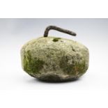 A vintage rustic granite and wrought iron curling stone, 24 x 28 cm