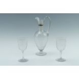 A fine Victorian etched glass jug and wine glasses, jug 29.5 cm, (jug repaired)