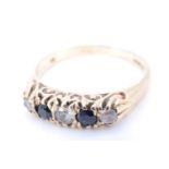 A lady's sapphire and spinel 9 ct gold finger ring, having three white spinels separated by two