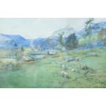 James Douglas (Scottish, 1858 - 1911) A late Victorian Scottish pastoral view past sheep grazing