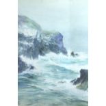 Thomas Swift Hutton (Scottish, 1865 - 1935) A dynamic, windswept, stormy coastal view, with waves