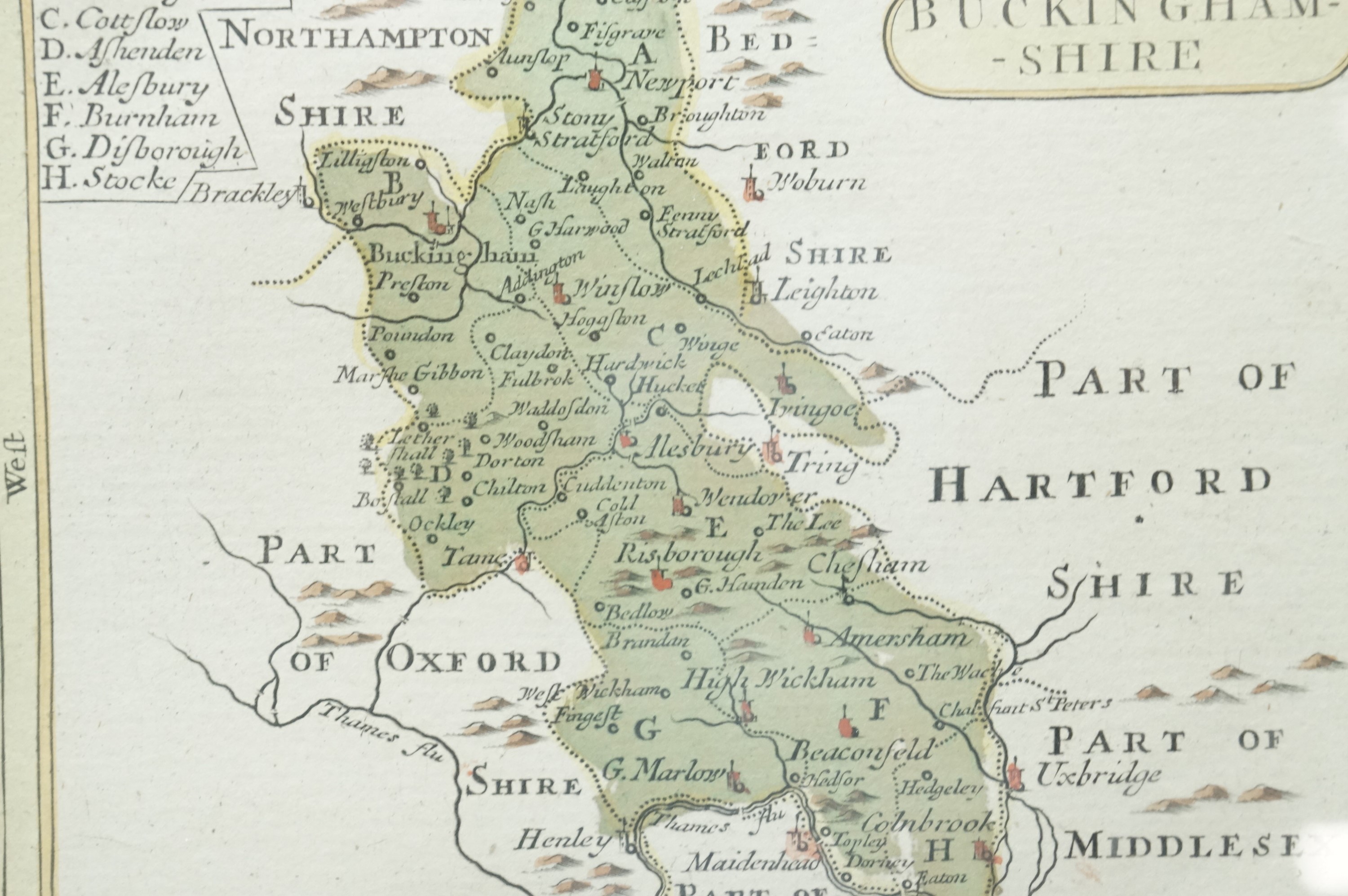 A 18th Century map of Buckinghamshire, with a history of the county, watercolour tinted engraving,