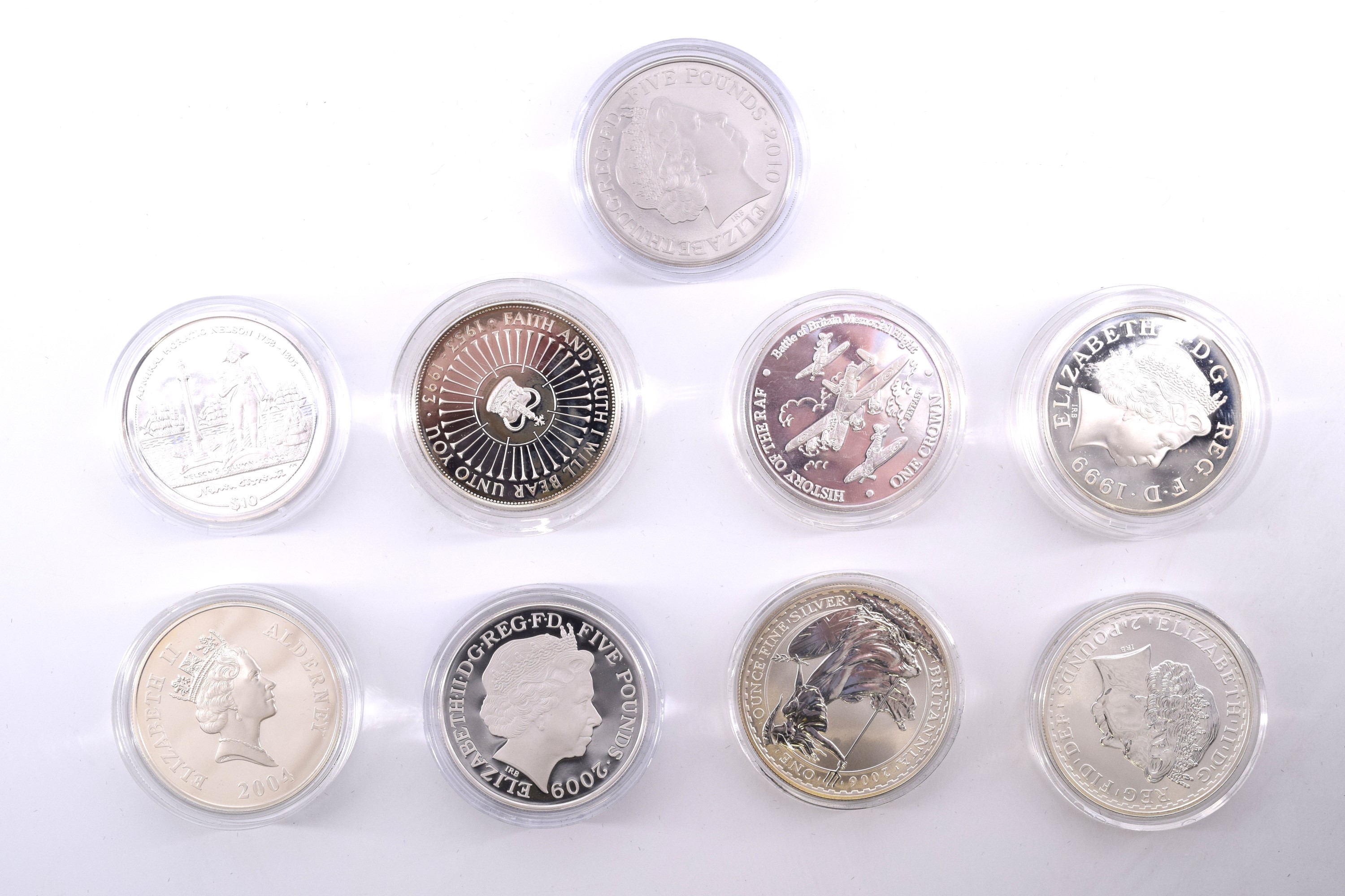 Nine QEII commemorative silver £5 and 1oz proof commemorative coins - Image 3 of 3