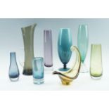 A quantity of studio glass vases, together with a jug, etc, tallest 37 cm,