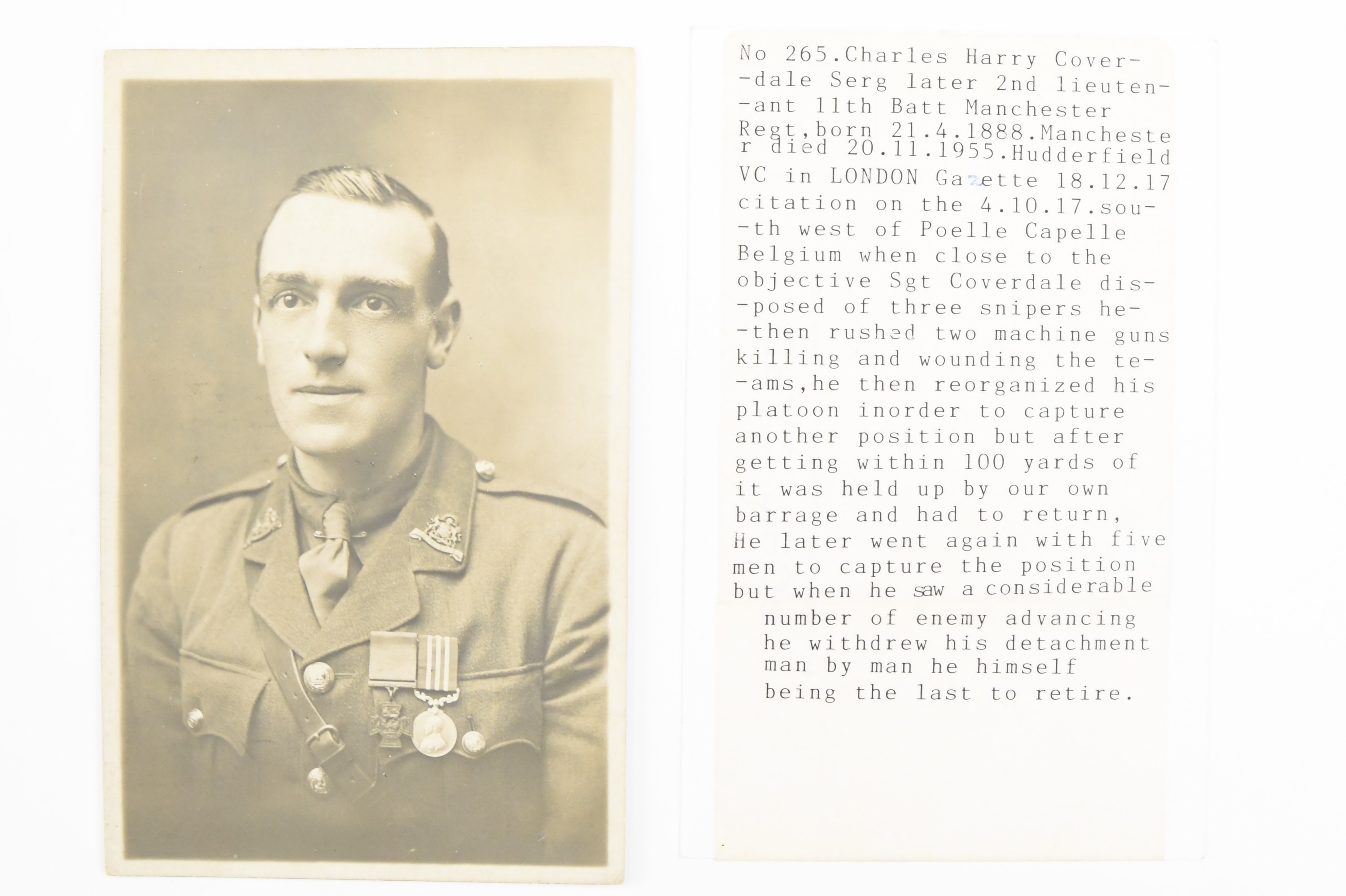 [ Victoria Cross ] A portrait postcard portraying Sergeant Charles Harry Coverdale. [Awarded the