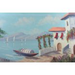 K Weber (Mid 20st Century) A Mediterranean scene with gondola ashore before a lakeside villa, in