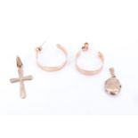 A pair of late 20th Century 9 ct gold cuff earrings, a 9 ct gold cross pendant, and a miniature