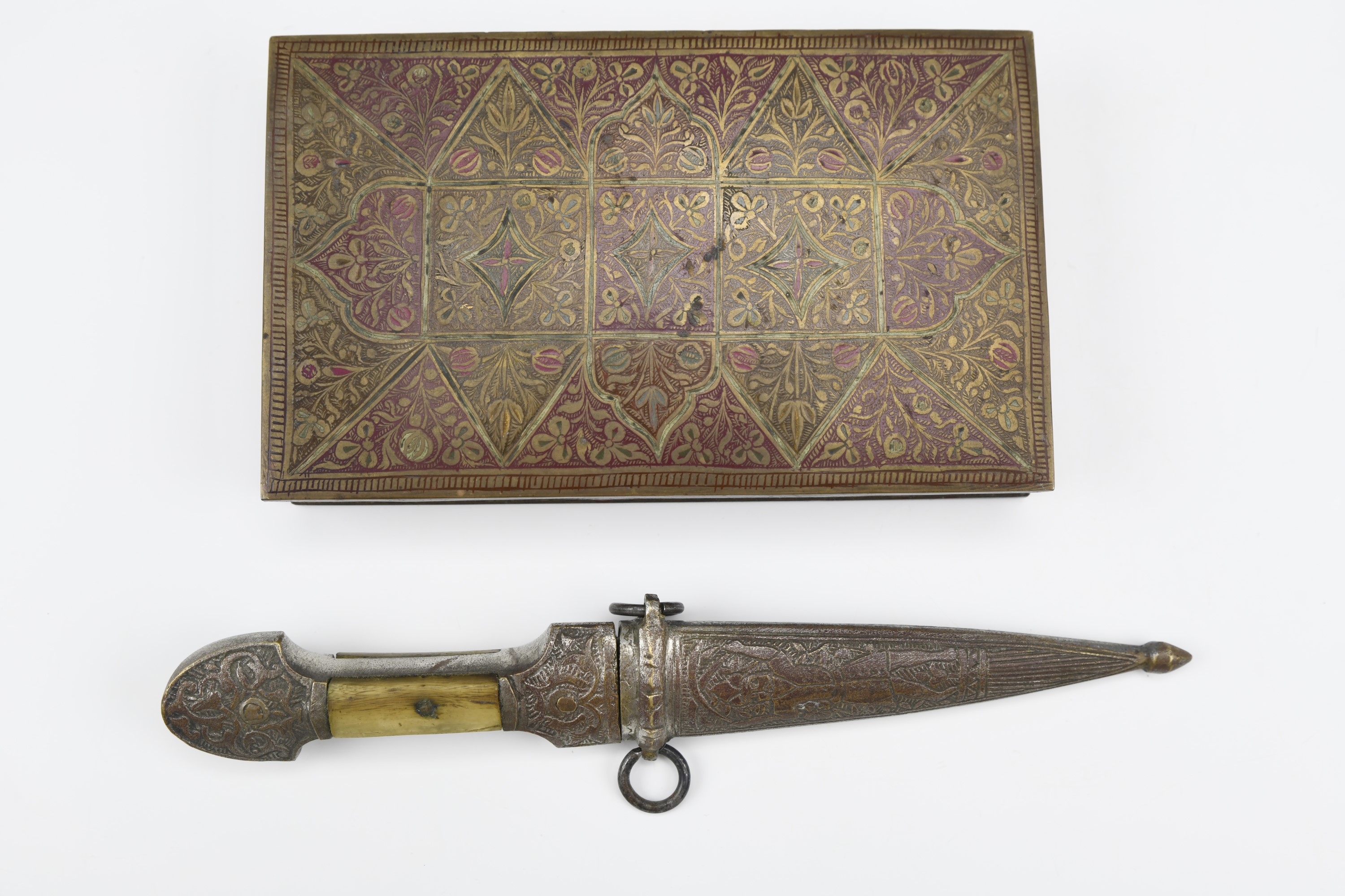 An early 20th Century Indian enamelled table cigarette box, and a Middle Eastern kindjal dagger, box