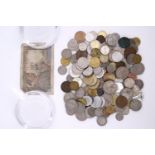 A quantity of world coins, together with a Banque De France 10 Francs banknote