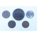 Five Georgian tokens, including an 1813 Birmingham Workhouse, a George III half penny "For Publick