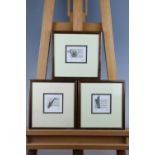 Sax, "Harp" and "Horn", a trio of contemporary miniature dry point etchings depicting musical