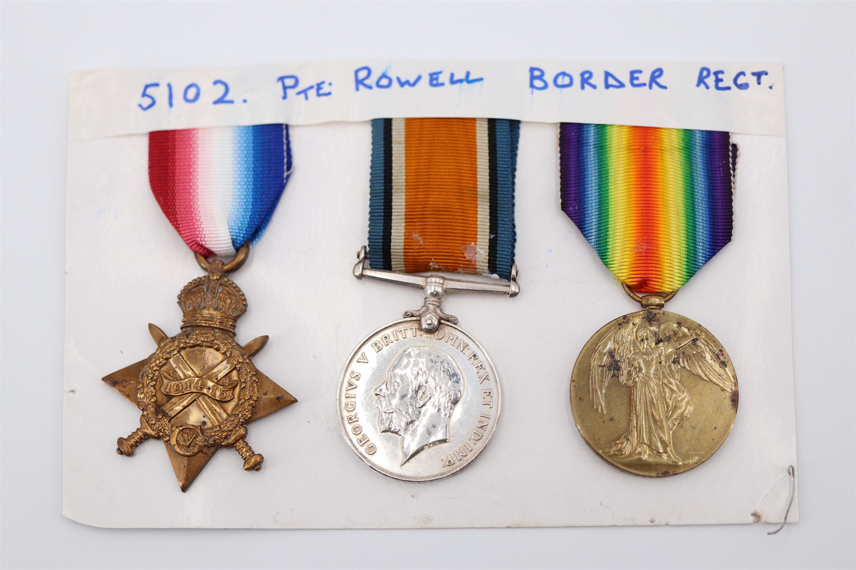 A 1914-15 Star, British War and Victory Medals to 5102 Pte J Rowell, Border Regiment