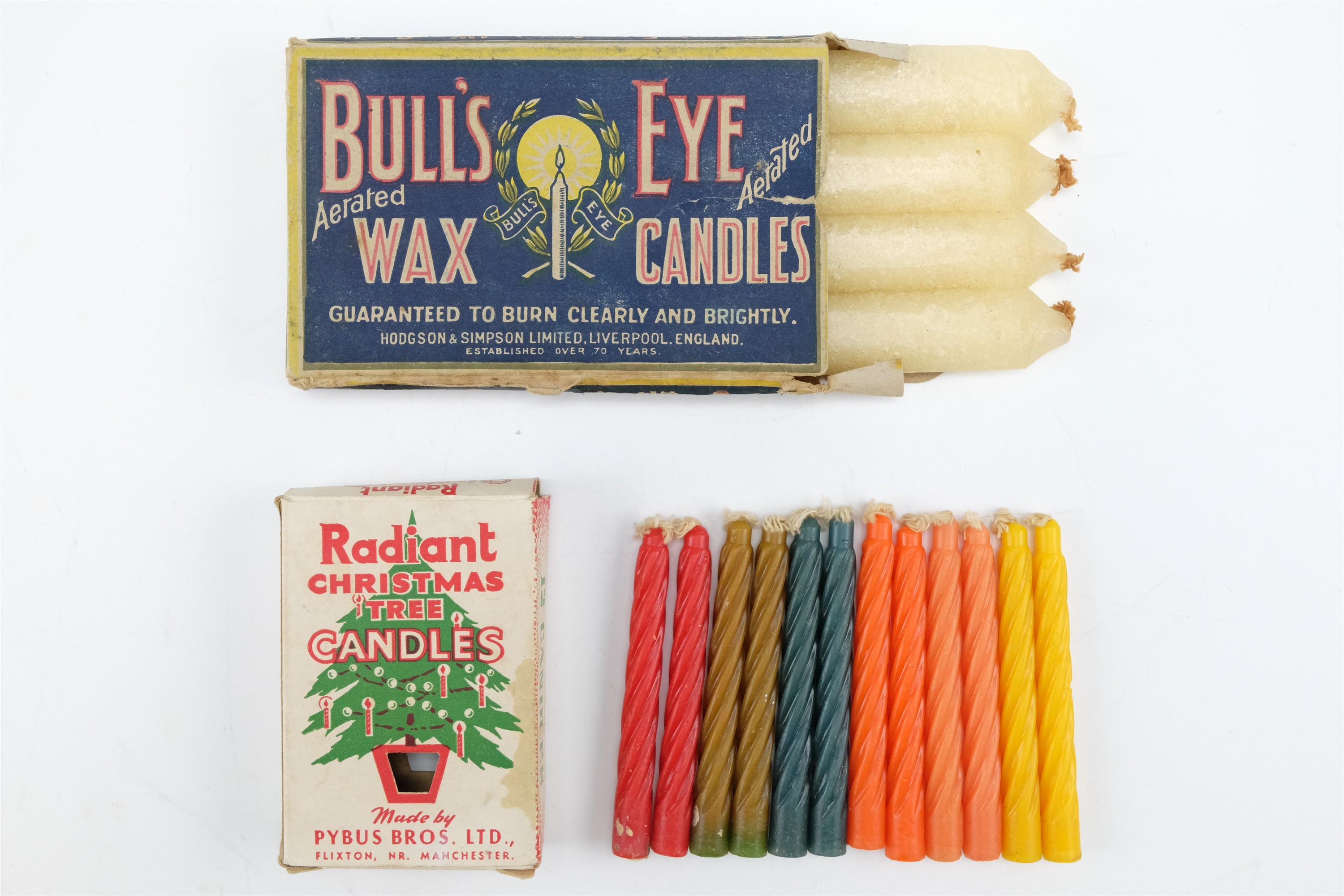 A carton of "Radiant" Christmas Tree Candles made by Pybus Bros Ltd, Manchester together with a