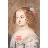 A late 17th Century portrait of a young lady, in a silk dress with lacework, adorned with pearls and