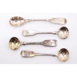 Early Victorian silver Fiddle pattern condiment spoons, comprising three salt spoons and a mustard