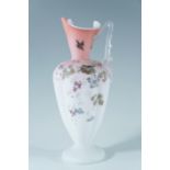 A Victorian enamelled glass ewer, achromatising and decorated with swallows and flowers, 31 cm