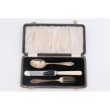 A cased silver Christening set, including an ivorine handled stainless steel knife, Arthur Price &