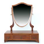 A reproduction Hepplewhite shield-shaped swivel toilet mirror in string-inlaid mahogany, 45 cm x