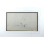 A 19th Century pencil sketch of a sailing vessel and small boats moored at a jetty, graphite, in pen