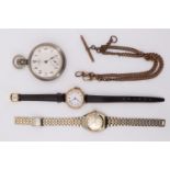 An early 20th Century rolled gold wristlet watch, an Ingersoll Leader pocket watch, etc, together