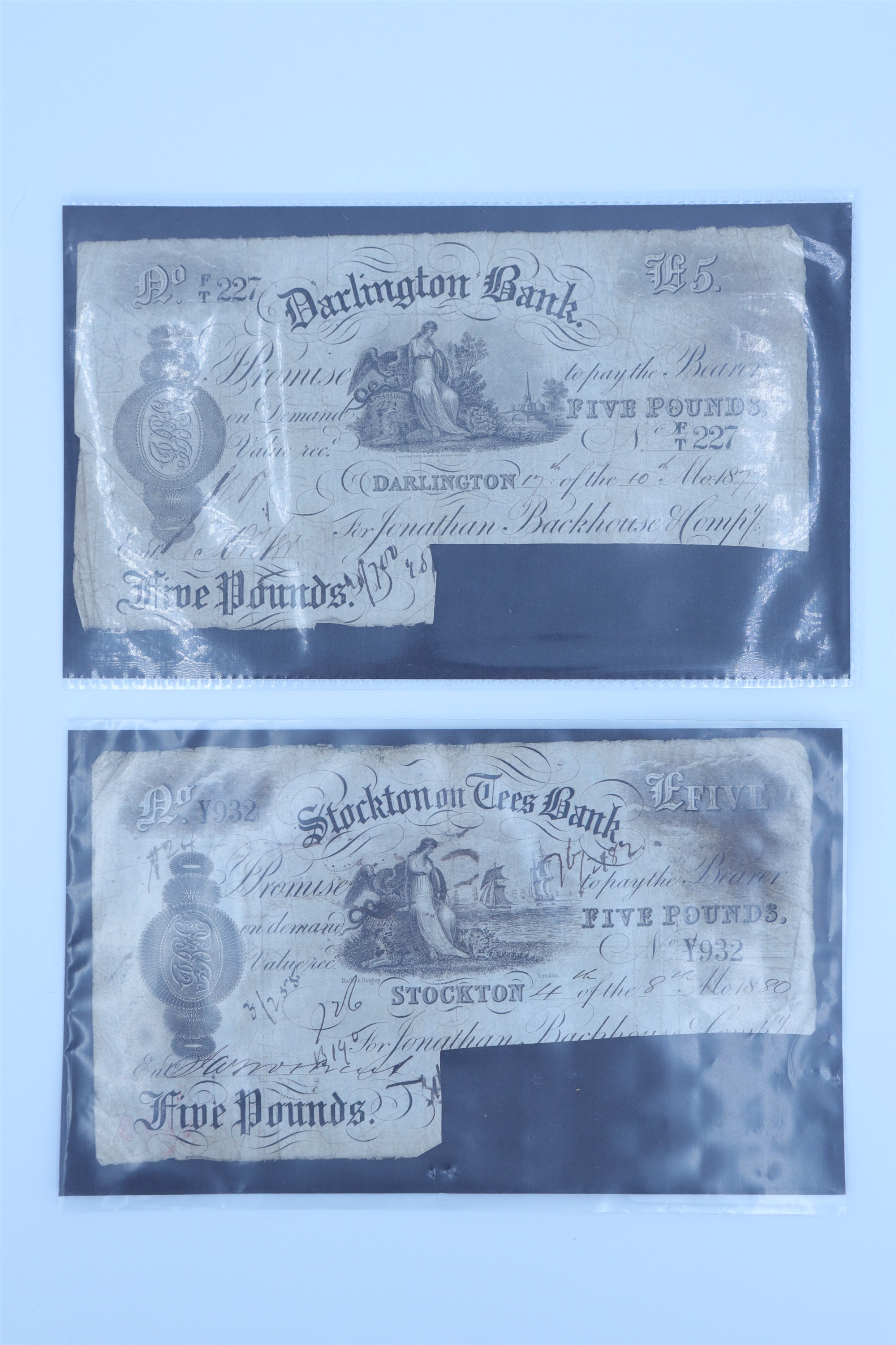 A Victorian 1877 Darlington Bank five pounds banknote together with an 1880 Stockton on Tees five