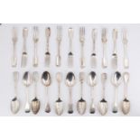 Early Victorian silver Fiddle pattern desert forks and spoons, comprising 10 forks and 11 spoons,