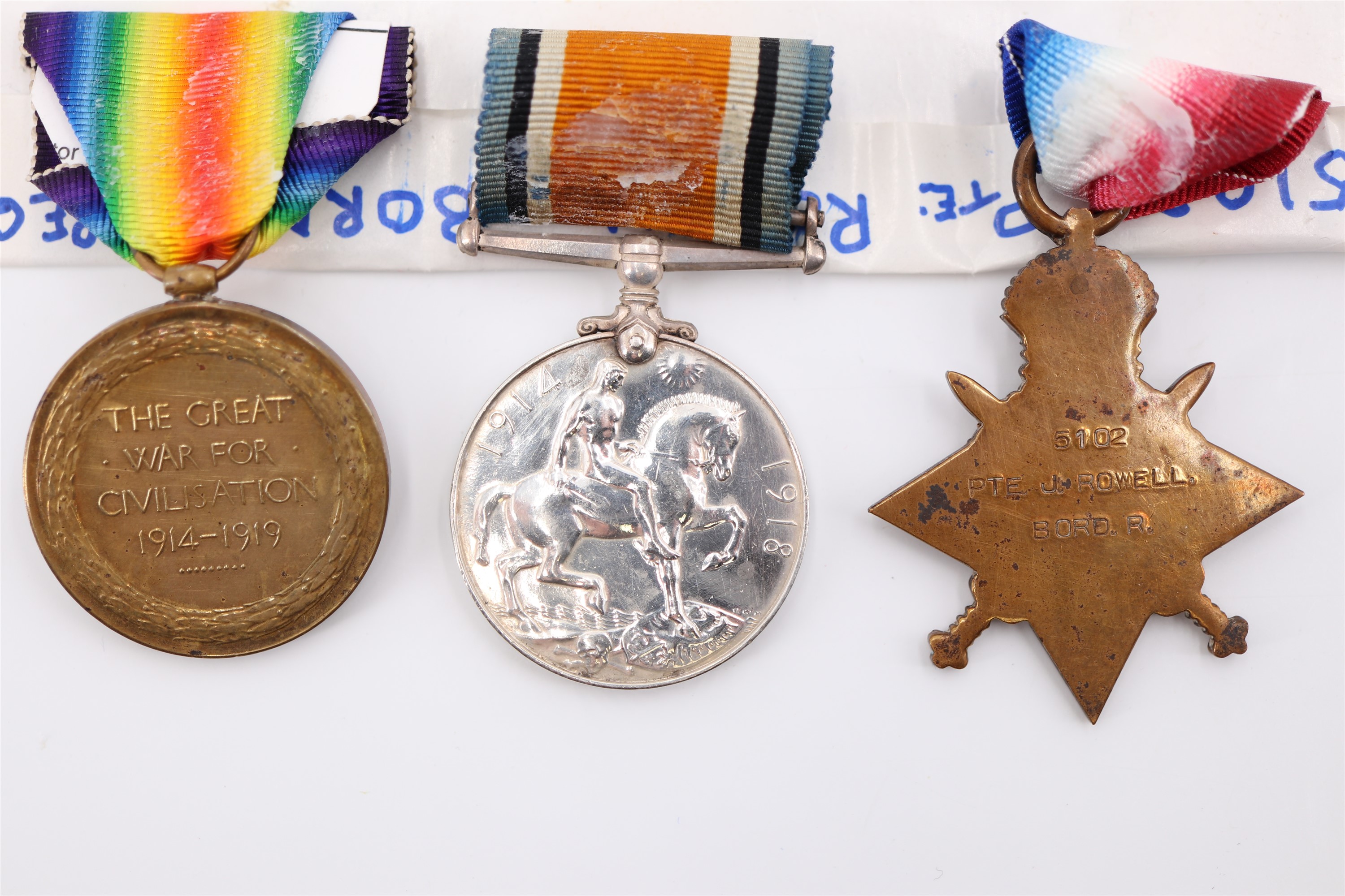 A 1914-15 Star, British War and Victory Medals to 5102 Pte J Rowell, Border Regiment - Image 2 of 6