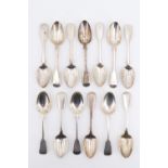 13 early Victorian silver Fiddle pattern teaspoons, the terminals bearing an engraved Old English '