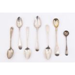 Five early 19th Century silver teaspoons, together with two condiment spoons, 102 g