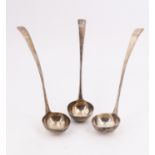 A set of three Old English pattern silver toddy ladles, the terminal bearing an engraved 'H',