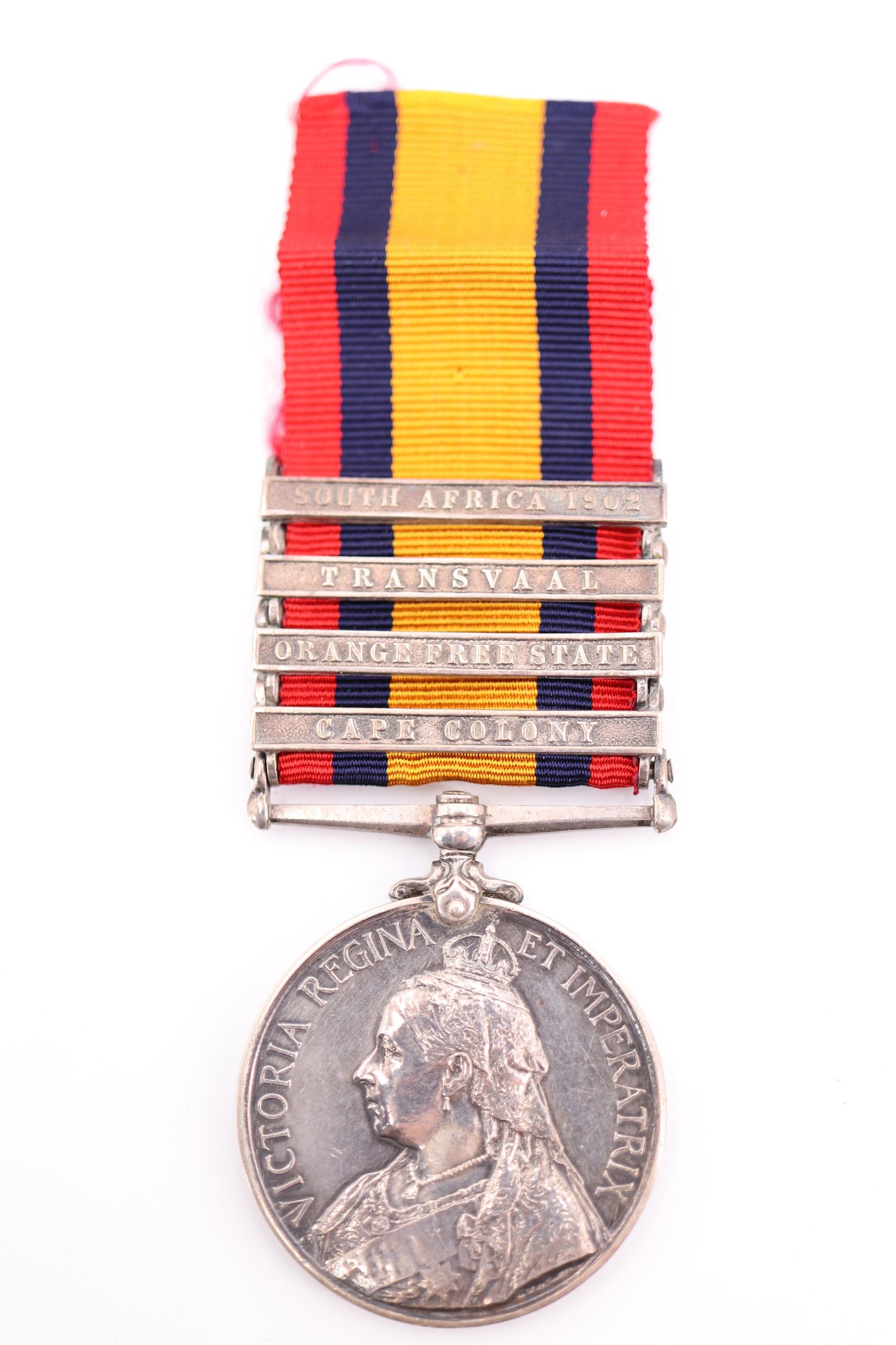 A Queen's South Africa Medal with four clasps to 6292 Pte G Bundy, Border Regiment