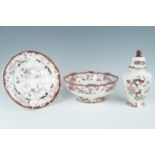 Three items of Mason's red Mandalay ware comprising a bowl, a plate and lidded jar, jar 24 cm