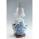 A late 20th Century Chinese blue and white porcelain table lamp, ovoid body mounted on a turned
