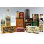A quantity of vintage tea and coffee packaging including "Nescafe", "Thompsons" and "Rowntrees