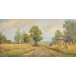 G. Winkelbery (20th Century) A bucolic, panoramic view past a rutted path dividing a field of hay