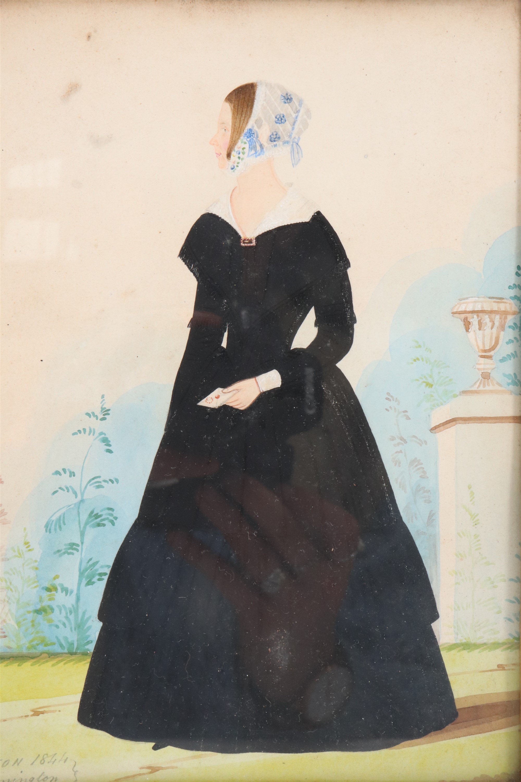 Huston (British, 19th Century) A naive full length profile portrait of a Victorian lady in