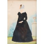 Huston (British, 19th Century) A naive full length profile portrait of a Victorian lady in