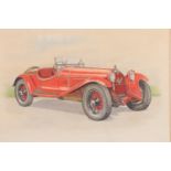 A 20th Century depiction of the Alfa Romeo, 1933 8C 2300 Monza sports car, watercolour,
