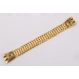 A vintage high carat yellow metal flexible bracelet watch strap with clip ends, 14 mm x 12.5 cm,