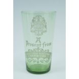 An Edwardian emerald glass commemorative dram glass, etched 'A Present from Scottish National