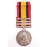 A Queen's South Africa Medal with three clasps to 1202 Pte E Large, 1st Battalion Border Regiment