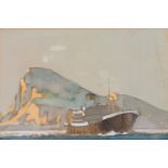 A study of a passenger vessel departing from the rock of Gibraltar, watercolour, third quarter