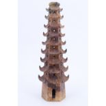 A Chinese carved soapstone lamp in the form of a pagoda, 27 cm