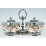 A pair of late Victorian Spode Imari palette preserve dishes on Elkington electroplate stand,